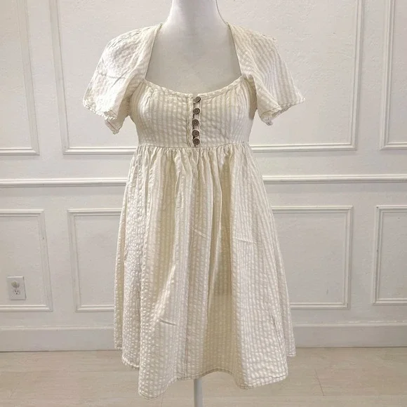 URBAN OUTFITTERS Cream Gingham Puff Sleeve Square Neck Mini‎ Dress S P - Picture 2 of 9